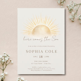 Convites Dourado Bege Aqui Vem o Menino Chá de Bebê