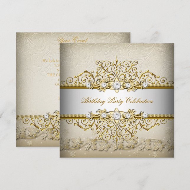 Convites Dourado Bege Branco Creme Elegante Festa (Frente/Verso)