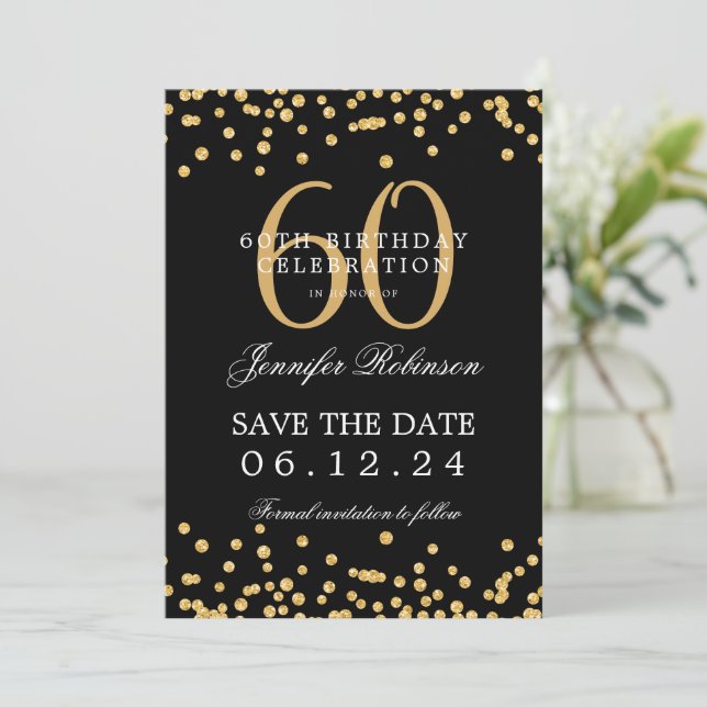 Convites Dourado Black 60th Birthday Salvar a Data Confetti (Em pé/Frente)