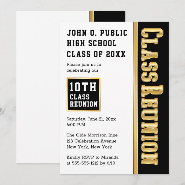 Convites Dourado | Black Modern Class Reunion Party (Frente/Verso)