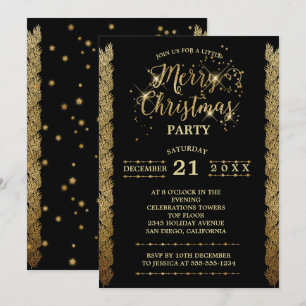 Convites Dourado Black Sparkles Feliz Festa de Natal