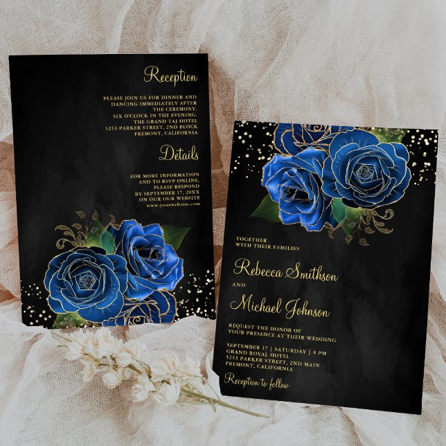 Convites Dourado Blue Floral Tudo em um casamento preto (Criador carregado)