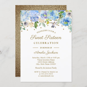 Convites Dourado Blue Floral Watercolor Sweet, 16 Convidado