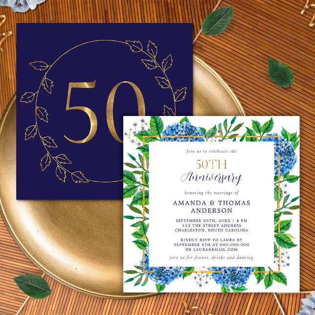 Convites Dourado Blue Hydrangea 50º aniversário de casament (Front / Back)