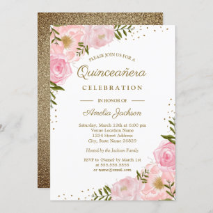 Convites Dourado Blush Floral Watercolor Quinceanera Invite
