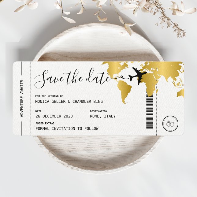 Convites DOURADO Boembarque Pass Viagem Salve a Data Casame (Gold Boarding Pass Save the Date)