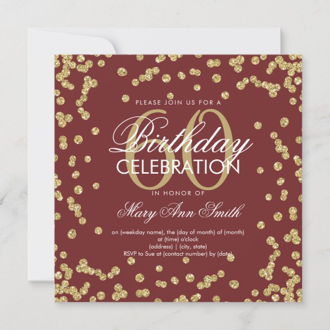 Convites Dourado Borgonha 60º Aniversário Glitter Confetti (Frente)