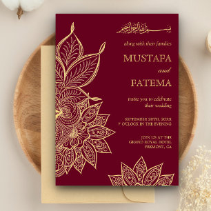 Convites Dourado Borgonha Mehendi Henna Casamento Islâmico