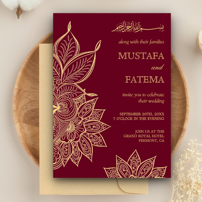Convites Dourado Borgonha Mehendi Henna Casamento Islâmico (Criador carregado)