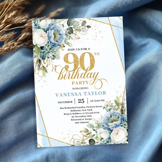Convites Dourado botânico em azul empoeirado para 90º anive (Dusty blue gold botanicals frame 90th birthday celebration)
