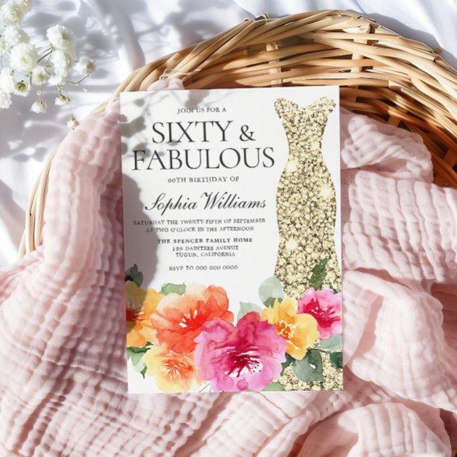 Convites Dourado botânico Floral 60ª Festa de aniversário (Criador carregado)
