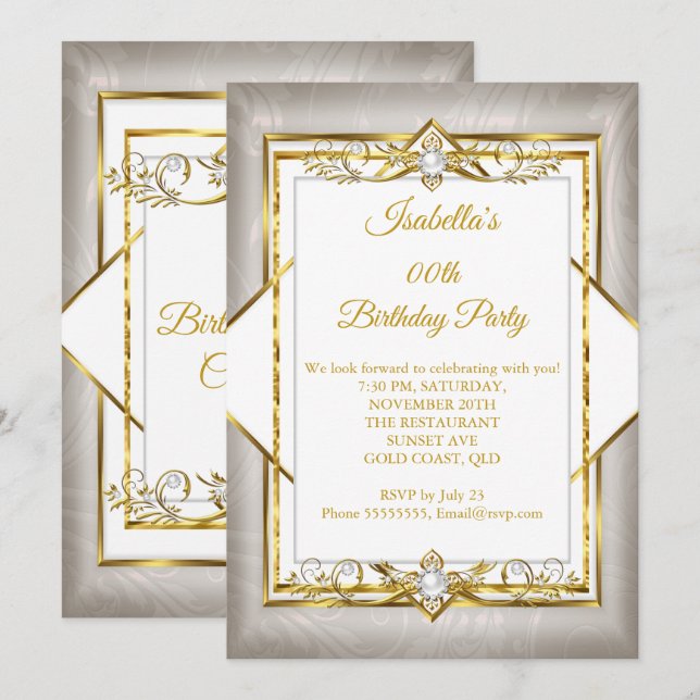 Convites Dourado Branco Cinza Pérola bege Festa de Aniversá (Frente/Verso)