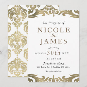 Convites Dourado & Branco Damasco Chic Elegante Casamento M