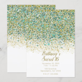 Convites Dourado Branco e Brilho Azul-turquesa Moderno Cost