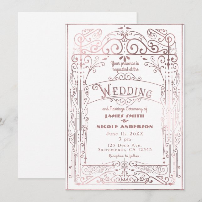 Convites Dourado Branco e Rosa Casamento Deco Vitoriano Ant (Frente/Verso)
