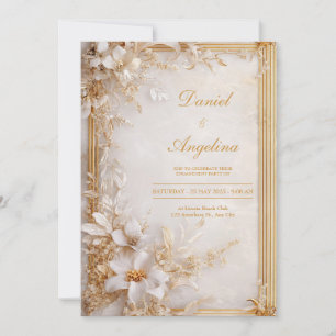 Convites Dourado Branco Floral Mármore Glamouroso Casamento