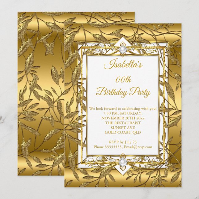 Convites Dourado Branco Pérola Damasco Festa de Aniversário (Frente/Verso)