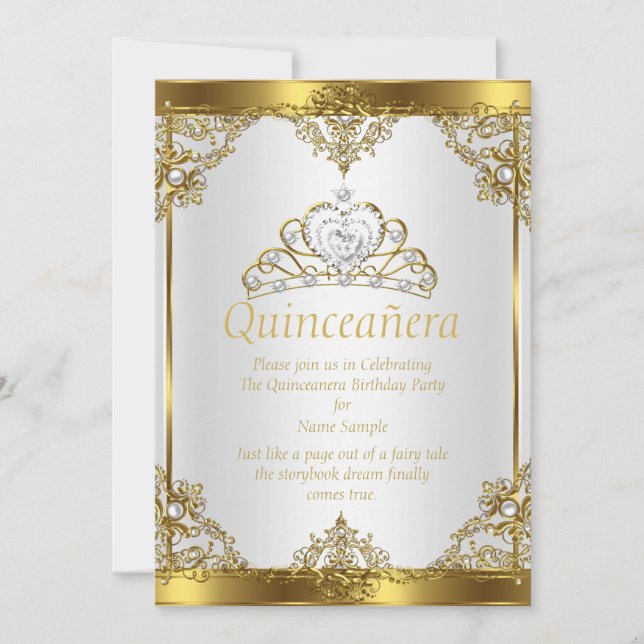 Convites Dourado Branco Pérola Princesa Festa Quinceanera (Frente)