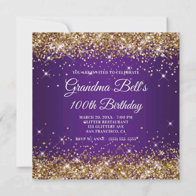 Convites Dourado Brilhante Glitter Roxo Real 100º Aniversár (Frente)