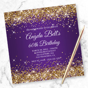 Convites Dourado Brilhante Glitter Roxo Real 60º Aniversári