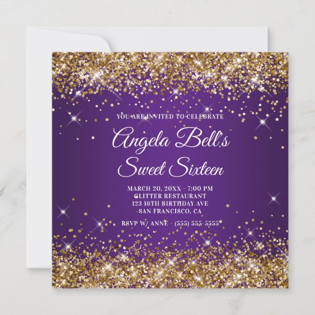 Convites Dourado Brilhante Glitter Roxo Real Doce Dezesseis (Frente)