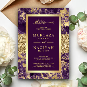 Convites Dourado Brilho Ameixa Roxo Mármore Casamento Muçul
