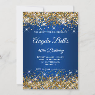 Convites Dourado Brilho Azul Escuro Ombre Monograma Chique