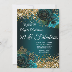 Convites Dourado Brilho Azul Floral Glam 30 & Fabuloso