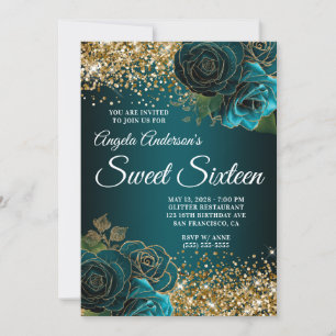 Convites Dourado Brilho Azul Turquesa Floral Glam Doze Anos