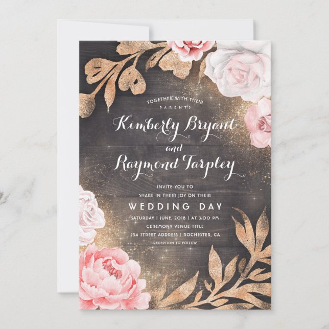 Convites Dourado brilho | Casamento Floral Rustic Country (Frente)