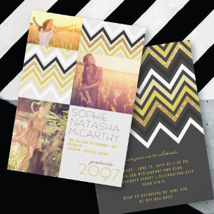 Convites Dourado Brilho Chic Listras de Chevron Festa de Fo
