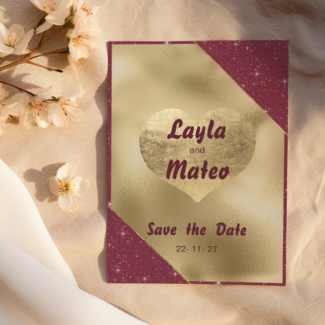 Convites Dourado brilho do brilho burgundy Salve a data (Gold heart sparkle burgundy glitter Save the Date )