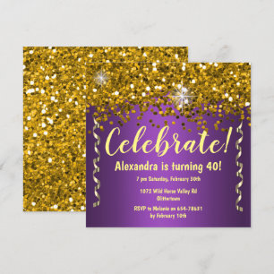 Convites Dourado brilho e aniversário de 40 anos Roxo Met