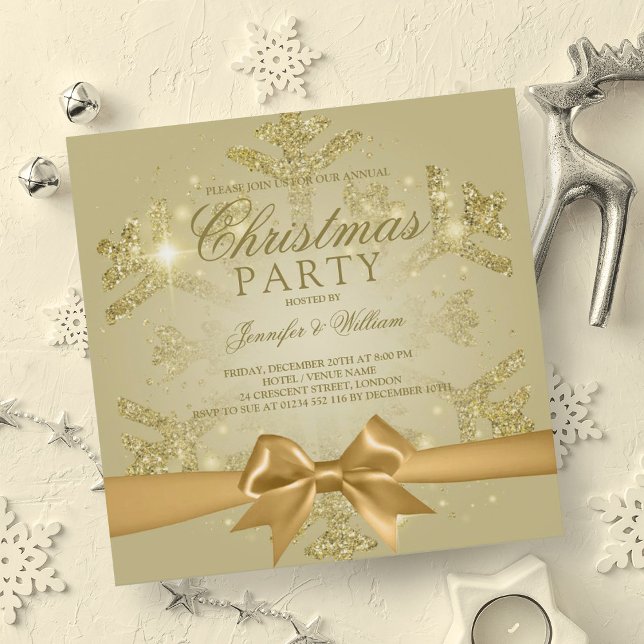 Convites Dourado brilho e fita | Festa de Natal (Gold Glitter & Ribbon | Xmas Holiday Party Invitation)