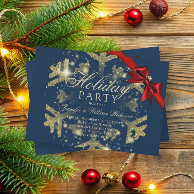 Convites Dourado brilho e fita | Marinho Natal (Gold Glitter & Ribbon | Xmas Holiday Navy Invitation)