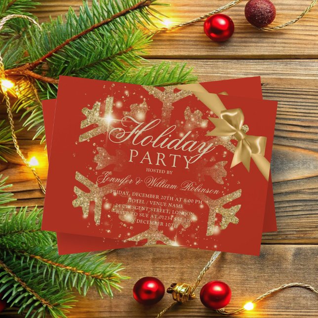 Convites Dourado brilho e fita | Vermelho Natal (Gold Glitter & Ribbon | Xmas Holiday Red Invitation)