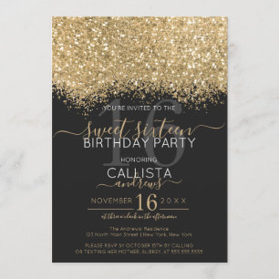 Convites Dourado brilho negro moderno Confetti Sweet 16