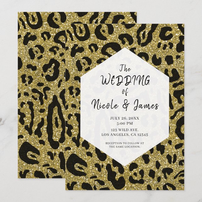 Convites Dourado Brilho Preto Guepardo Leopardo Chic Casame (Frente/Verso)
