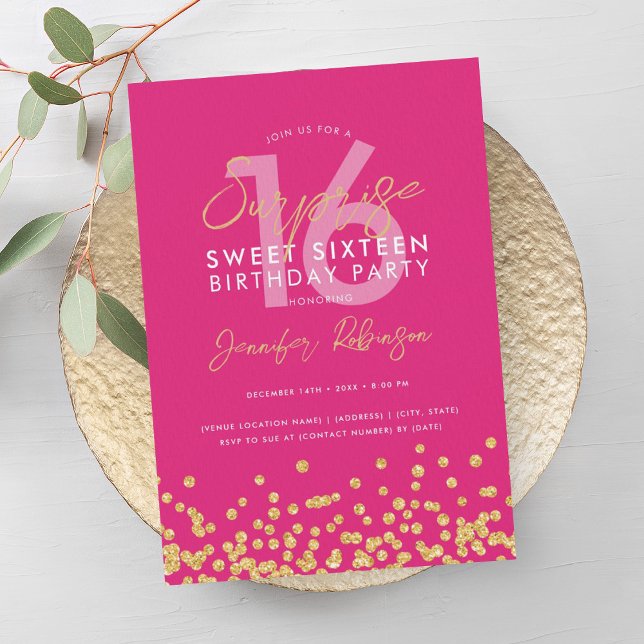 Convites Dourado brilho quente Confetti Surpresa Sweet 16 (Hot Pink Gold Glitter Confetti Surprise Sweet 16 Invitation)