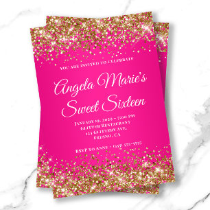 Convites Dourado Brilho Rosa Quente Monograma Fancy Sweet S