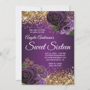 Convites Dourado Brilho Roxo Floral Glam Doce Dezesseis
