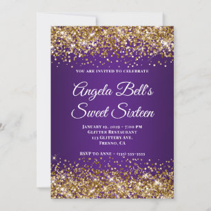 Convites Dourado Brilho Roxo Real Monograma Doce Dezesseis