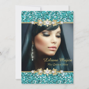 Convites Dourado Brilho Teal & Arco de Joia Quinceanera