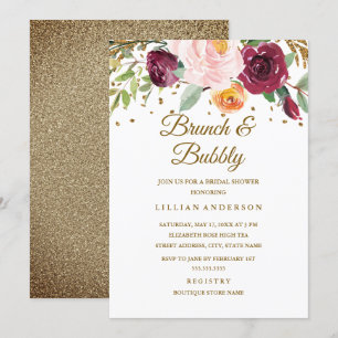 Convites Dourado Burgundy Floral Brilho Brunch E Espumante