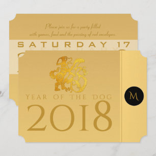 Convites Dourado Cão Chinês Papercut 2018 Monograma Convi
