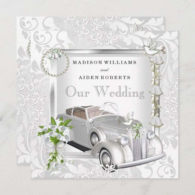 Convites Dourado Carro vintage branco Elegante Damasco 2 (Frente/Verso)