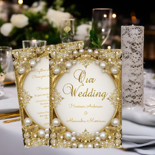 Convites Dourado Casamento Beige Branco Creme Pérolas Oval