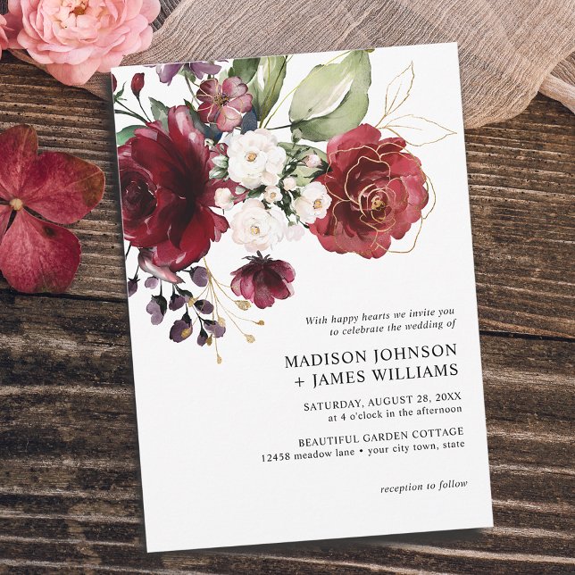 Convites Dourado Casamento Casual de Blush Floral de Vinho  (Gold Burgundy Wine Blush Floral Casual Wedding Invitation)