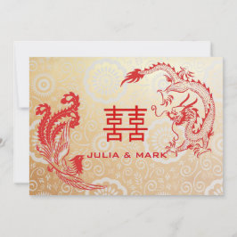 Convites Dourado Casamento Chinês de Dragão Moderno-Phoenix