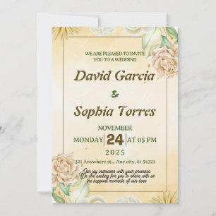 Convites Dourado casamento com flores brancas creme-d-água